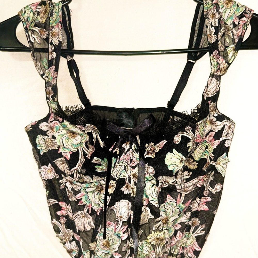 Victoria's Secret Black and Gold Embroidered Mesh Top